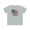 Light gray kids christian t-shirt with 'In God We Trust' graphic on a white background