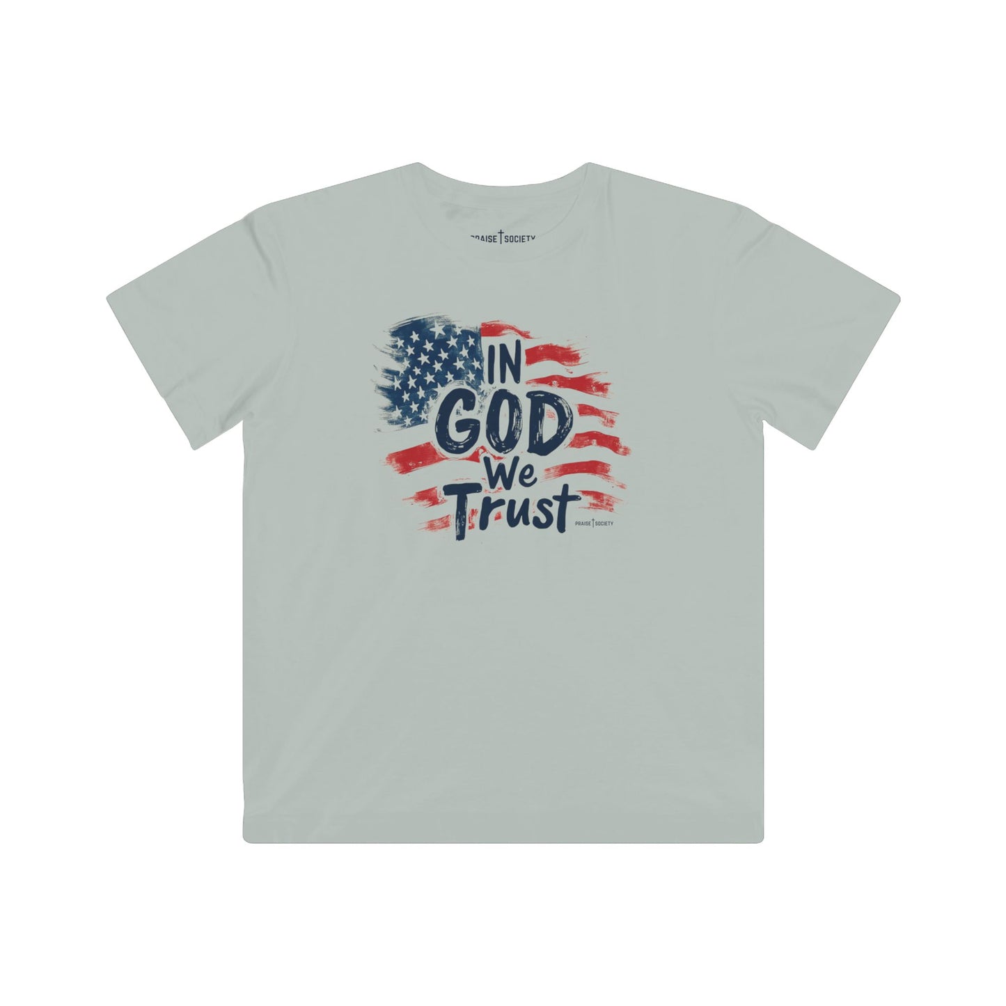 Light gray kids christian t-shirt with 'In God We Trust' graphic on a white background