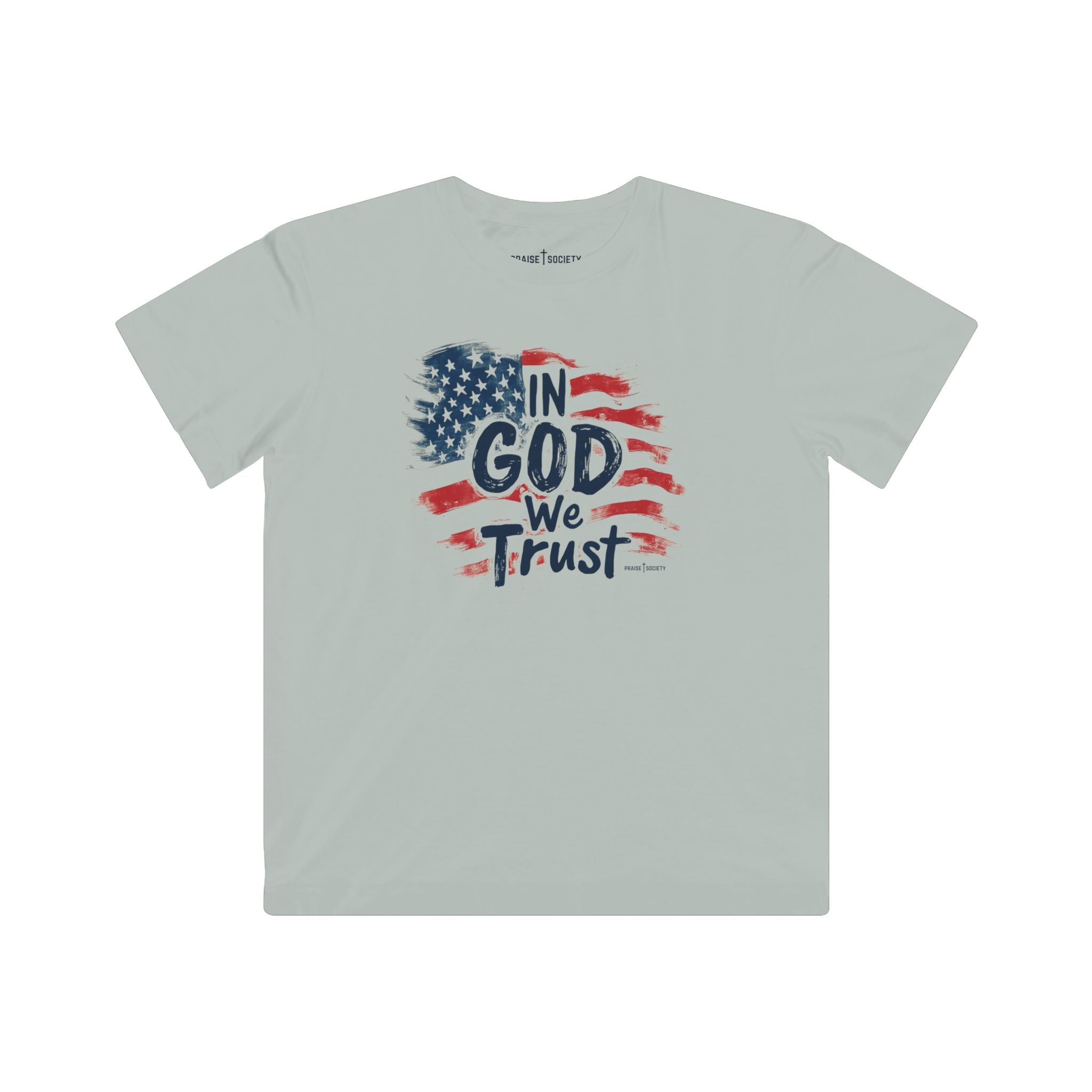 Light gray kids christian t-shirt with 'In God We Trust' graphic on a white background