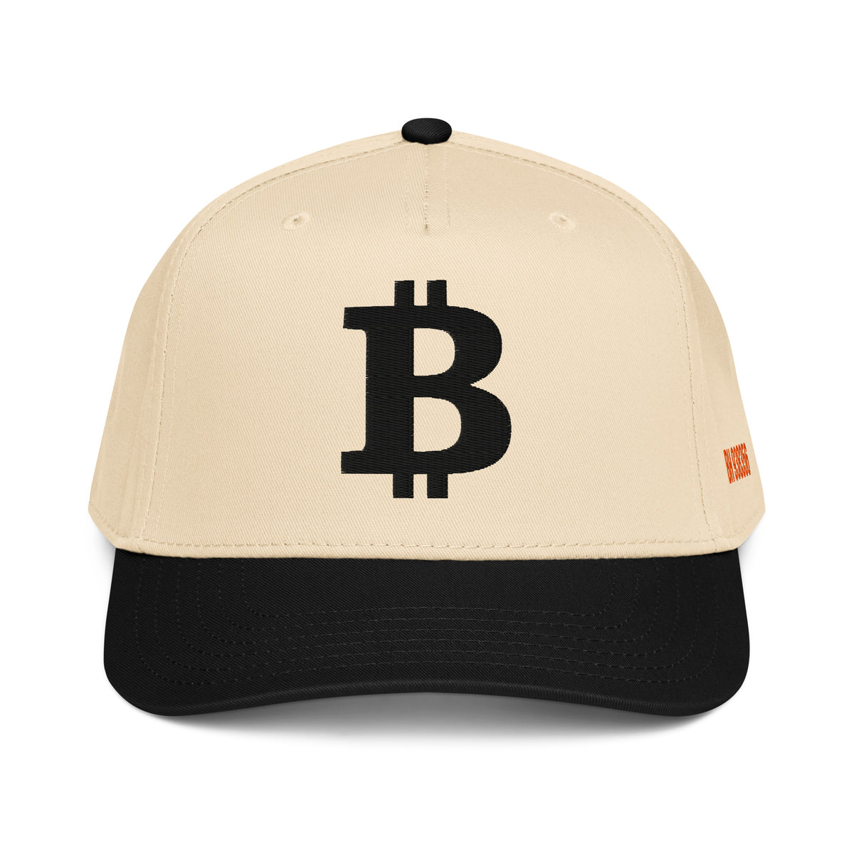 Bitcoin 'B' Black 5 Panel Block Height Hat in natural/black, front view