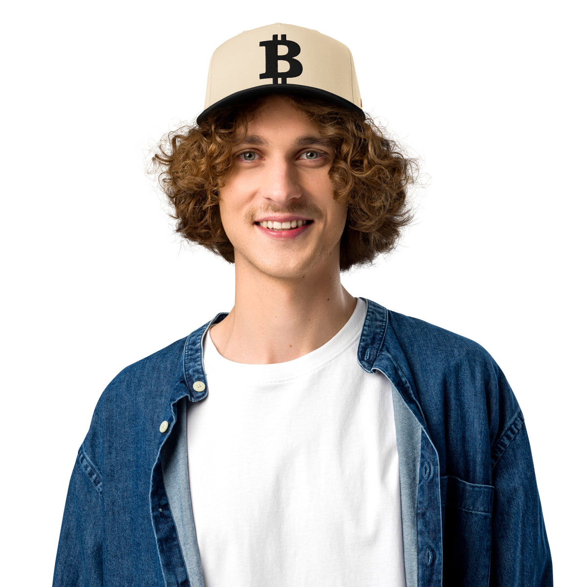 Bitcoin 'B' Black 5 Panel Block Height Hat in natural, front view