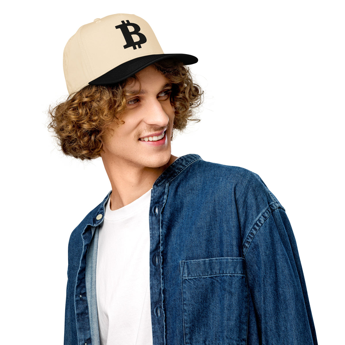 Bitcoin 'B' Black 5 Panel Block Height Hat in natural, right front view, image 8
