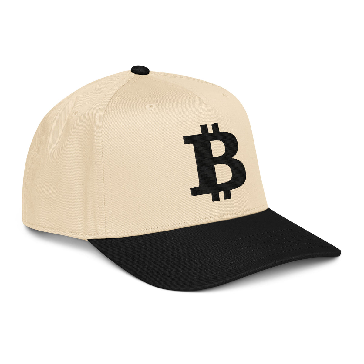 Bitcoin 'B' Black 5 Panel Block Height Hat in natural, right front view