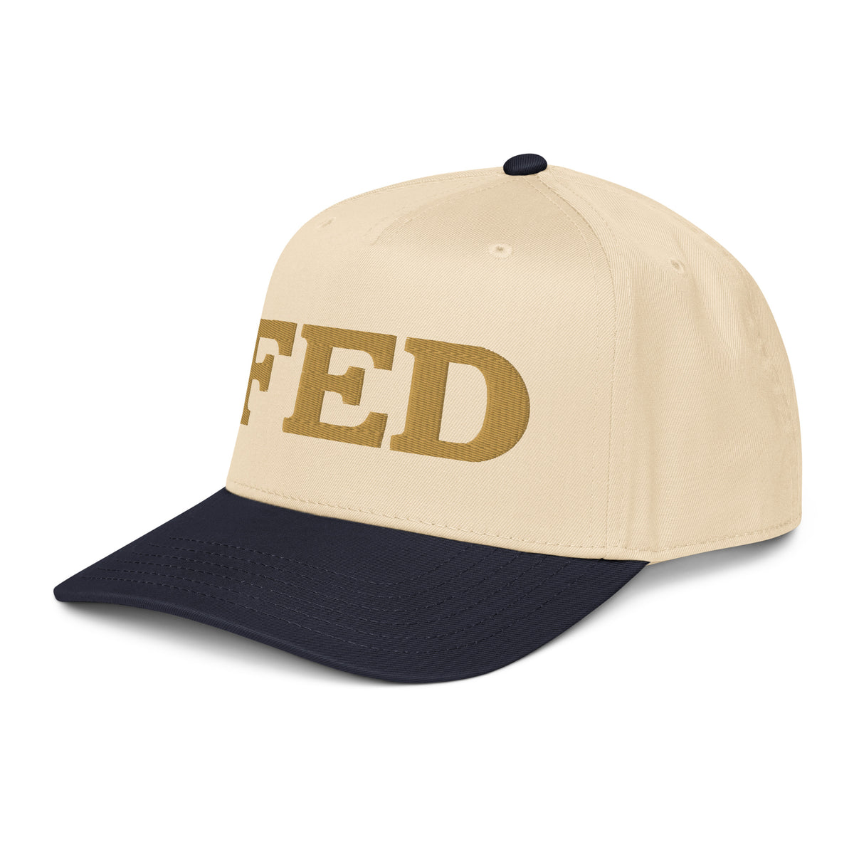 Not A FED 5 Panel Cap in navy/natural, left front view