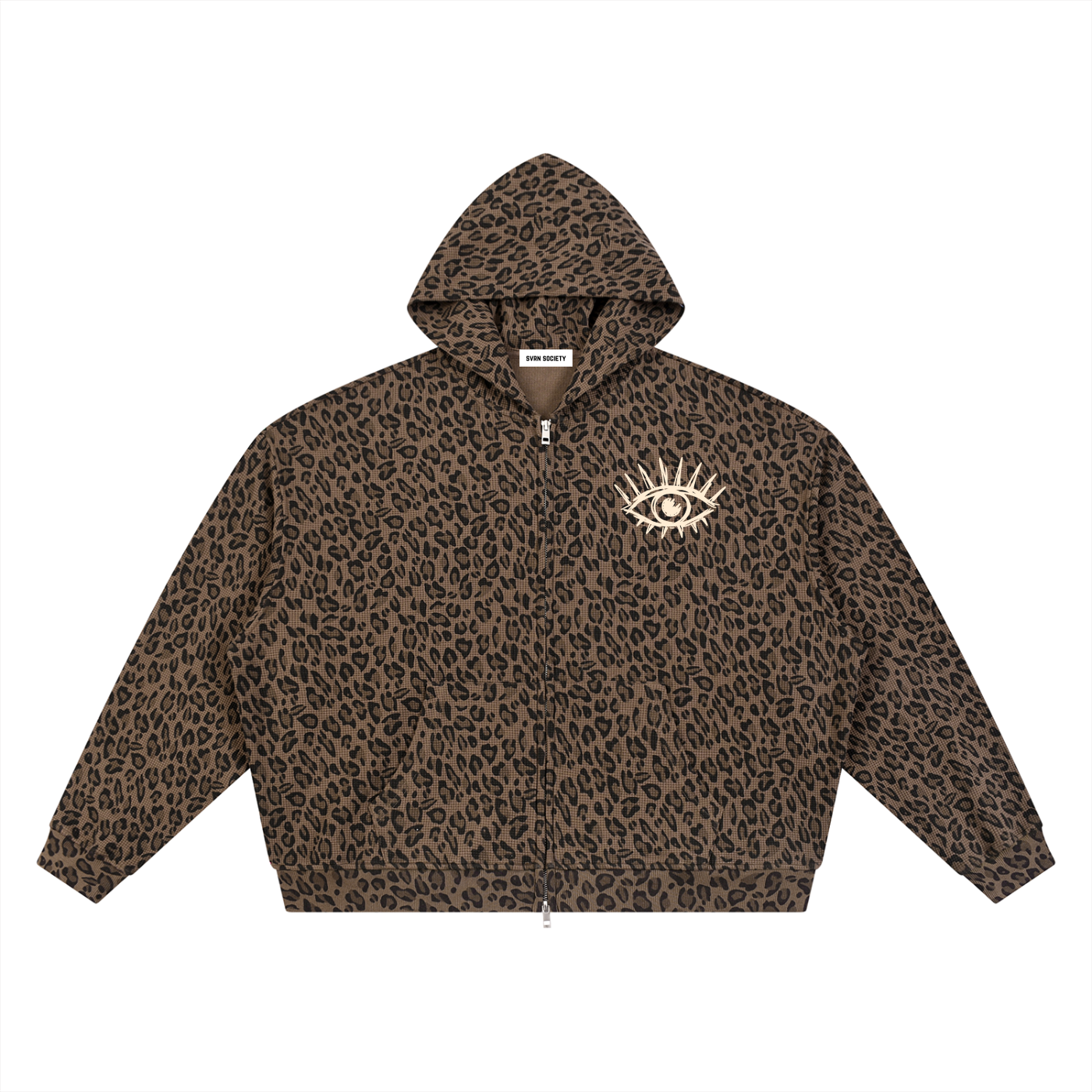 Brown leopard print hoodie with a logo on a white background