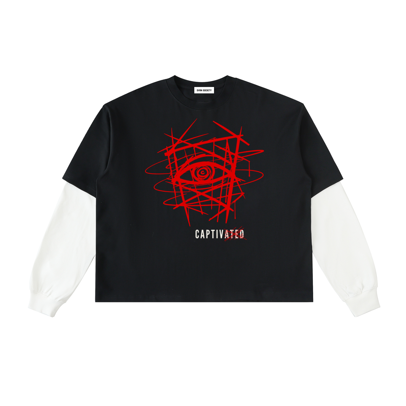 Black t-shirt with red graphic design and 'CAPTIVATED' text on a white background