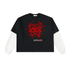 Black t-shirt with red graphic design and &