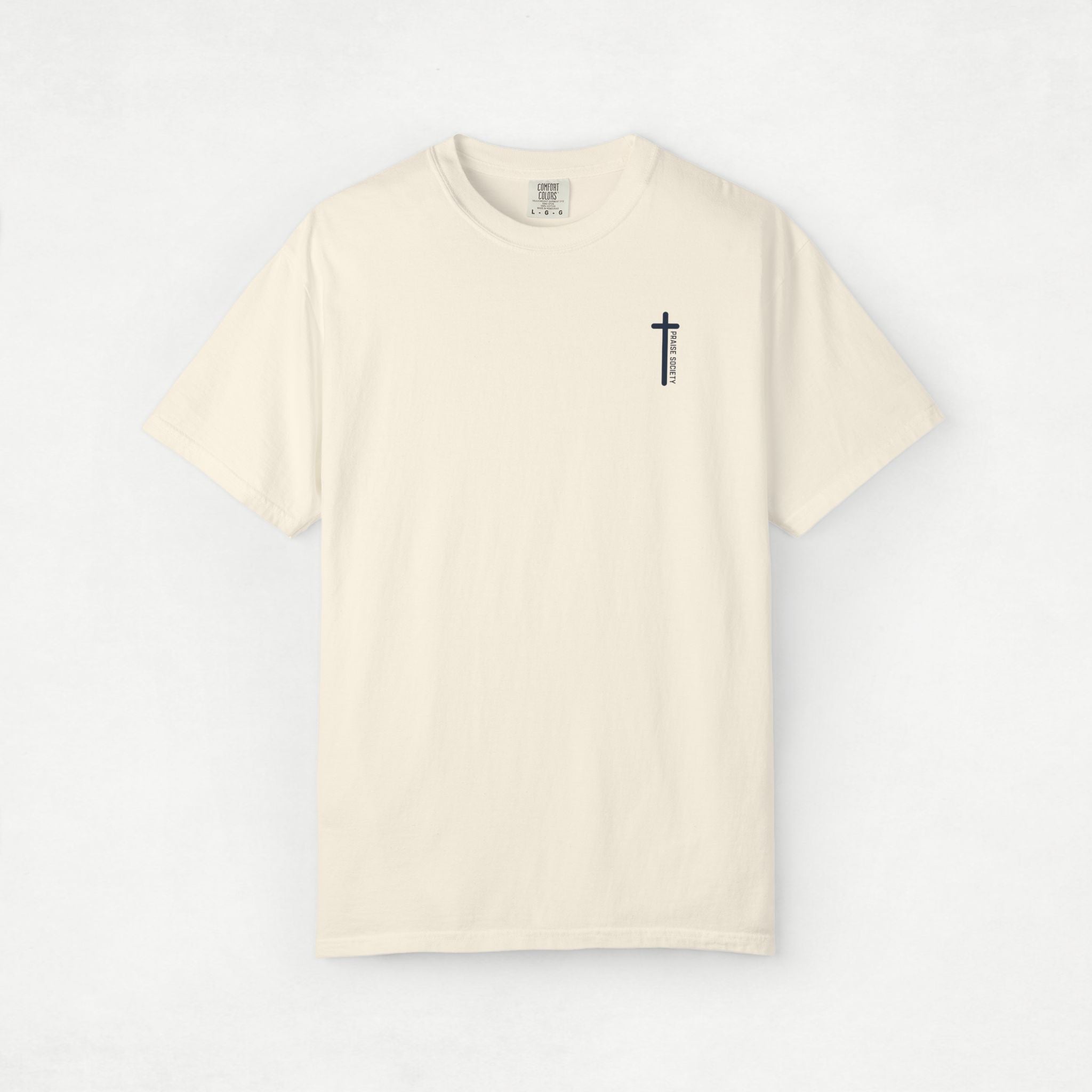 Beige t-shirt with a small black logo on a light gray background