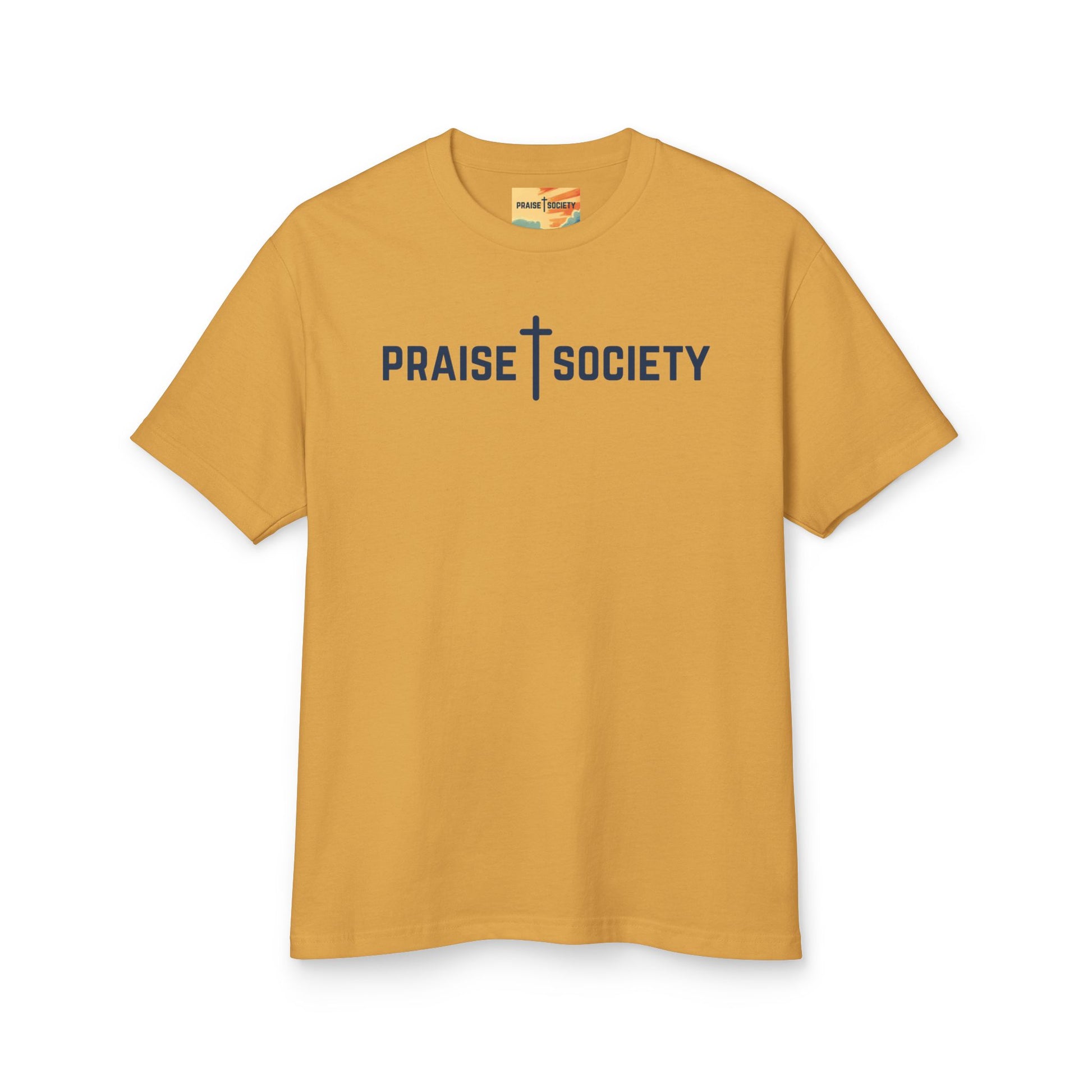 Yellow t-shirt with 'Praise Society' text on a white background