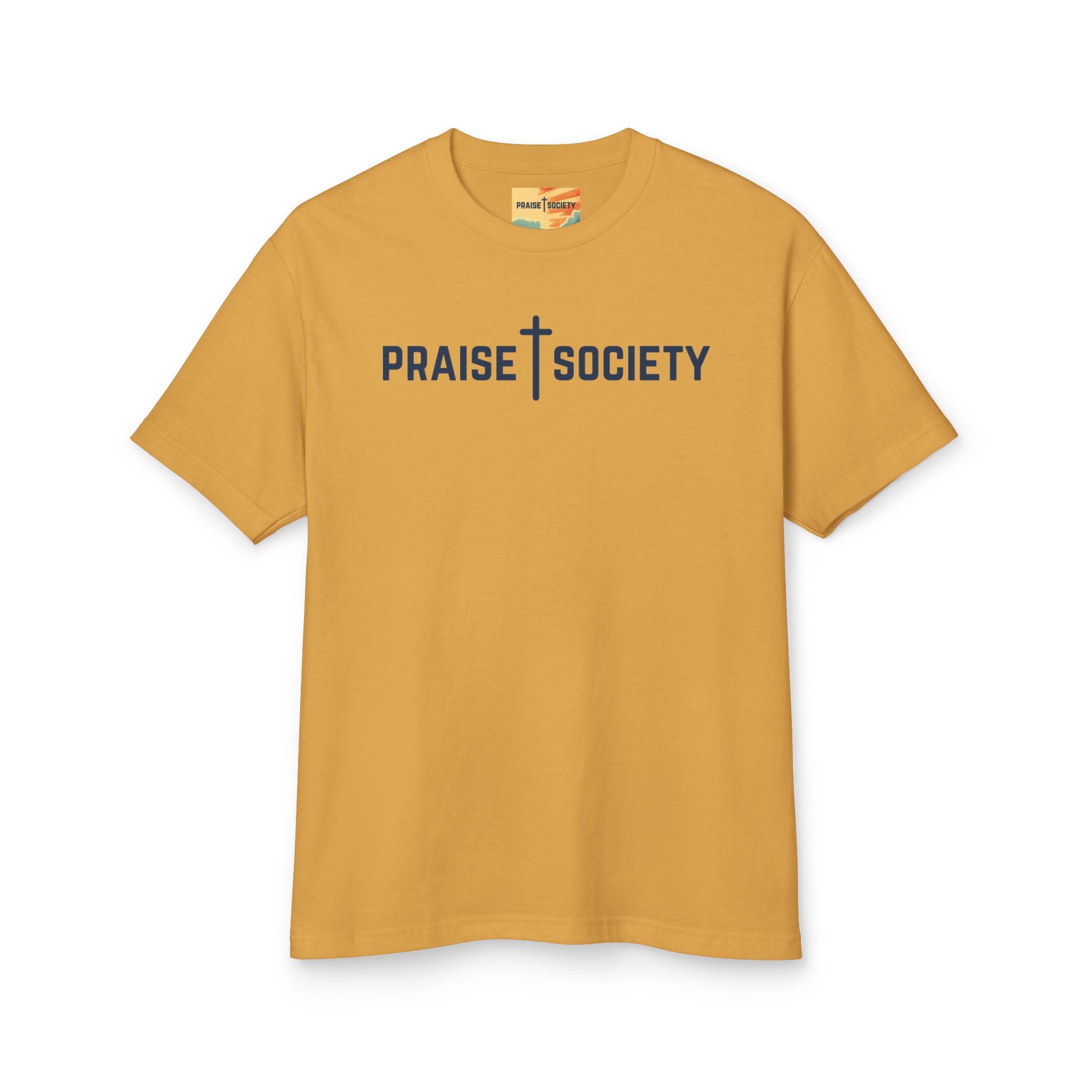 Yellow t-shirt with 'Praise Society' text on a white background
