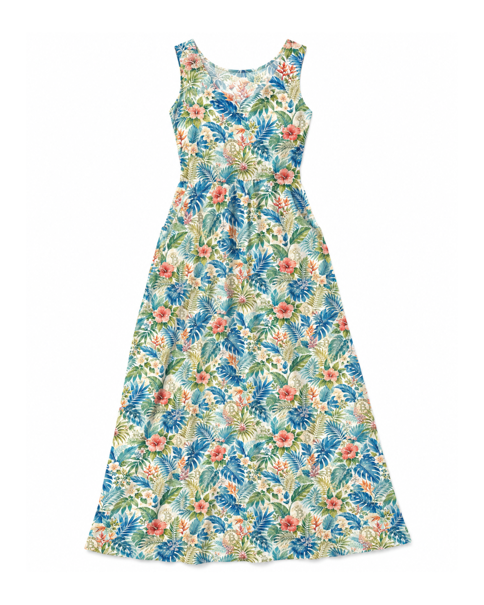 Aloha Satoshi women's bitcoin maxi dress on a white background.