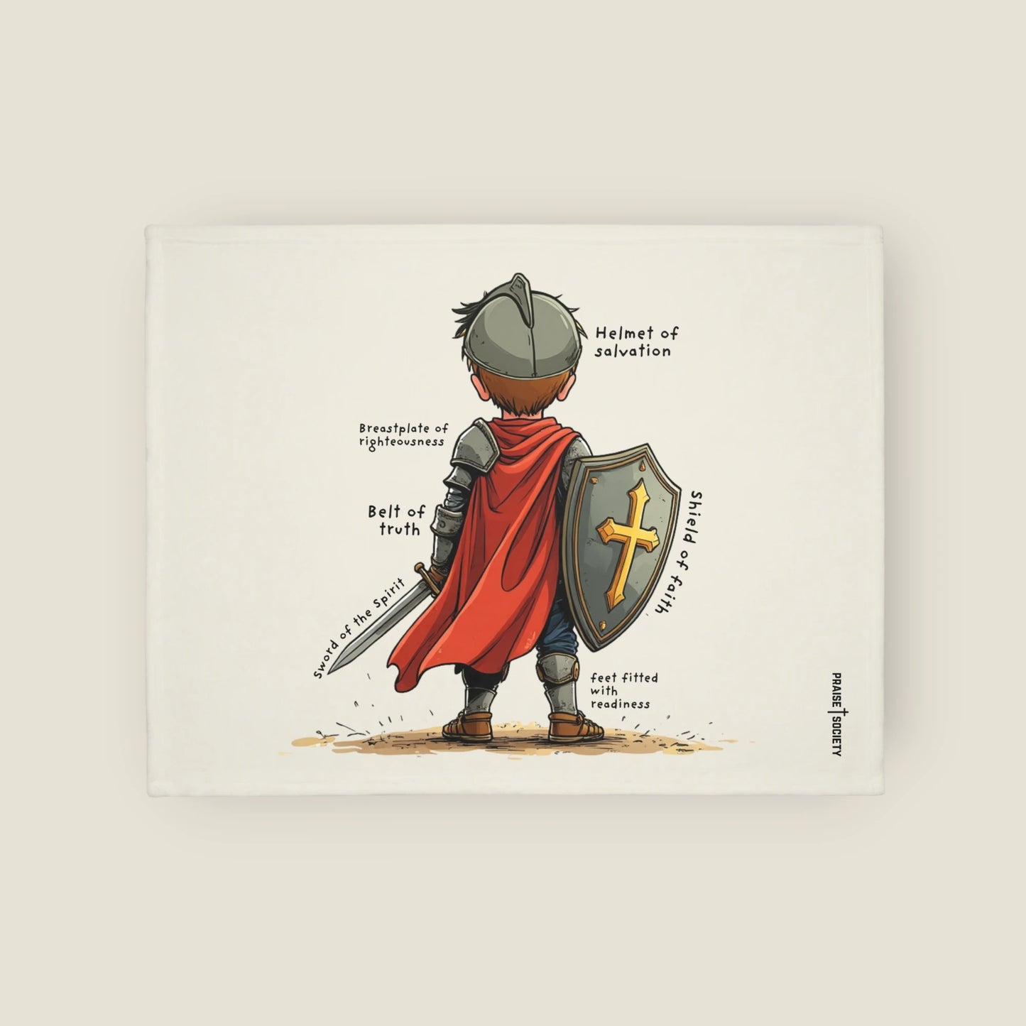 Illustration of a child of God in warrior armor of god attire with bible verses on a beige background