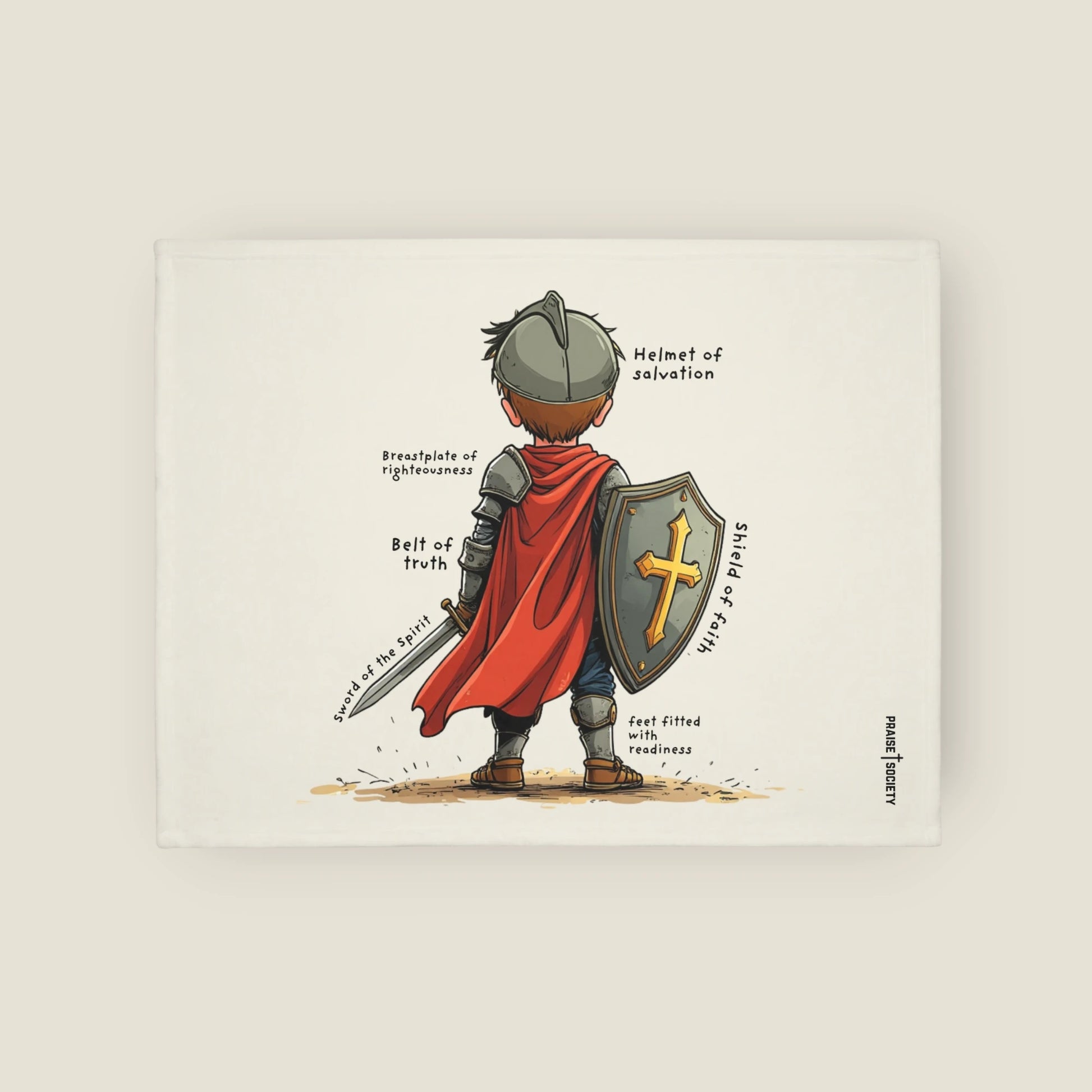 Illustration of a child of God in warrior armor of god attire with bible verses on a beige background