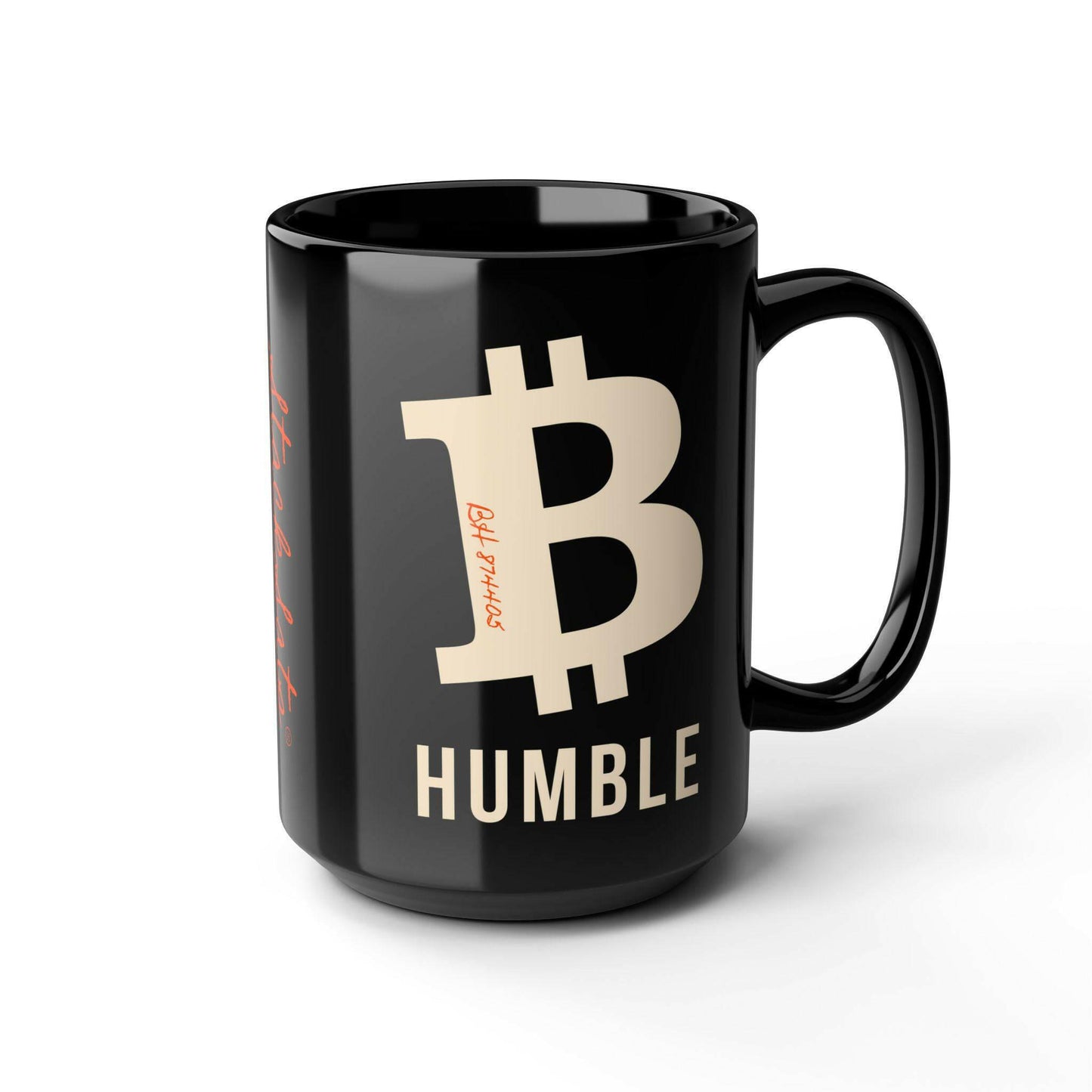 B Humble Black Bitcoin Mug with cream colored Bitcoin B and Blockheight - Bitcoin merch by Orange Habit Home - The Orange Habit