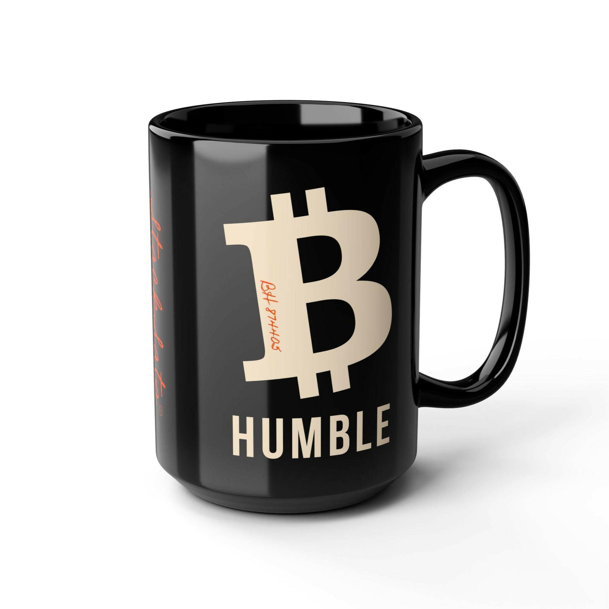 B Humble Black Bitcoin Mug with cream colored Bitcoin B and Blockheight - Bitcoin merch by Orange Habit Home - The Orange Habit
