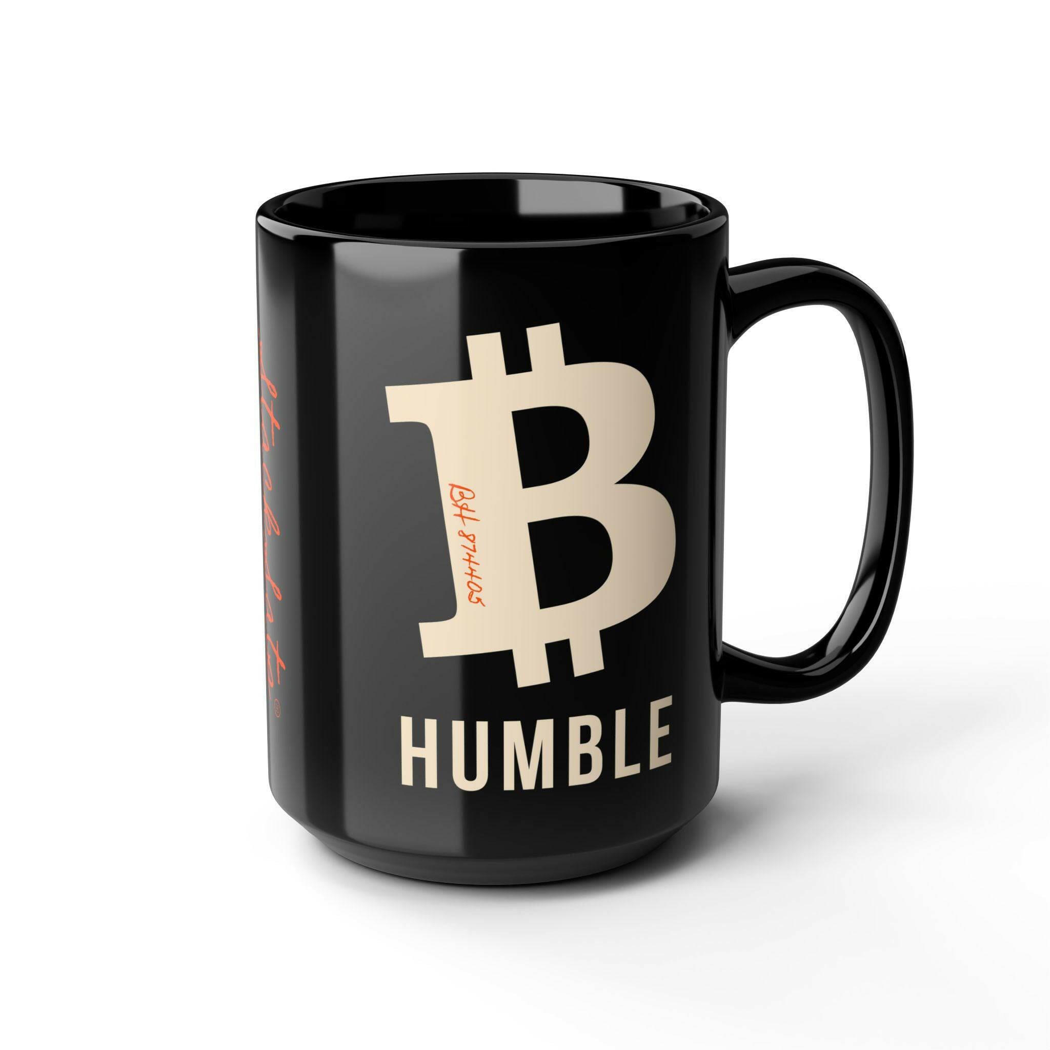 B Humble Black Bitcoin Mug with cream colored Bitcoin B and Blockheight - Bitcoin merch by Orange Habit Home - The Orange Habit