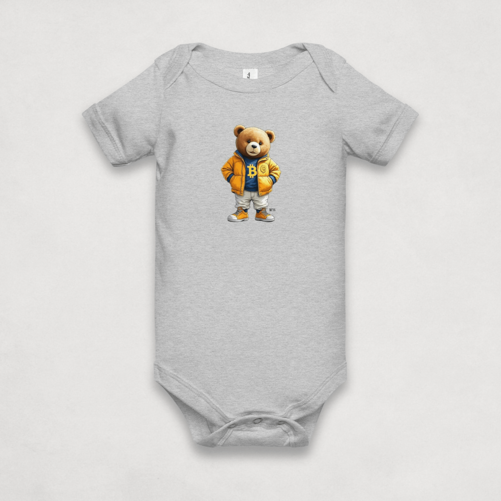Heather Grey Bitcoin Onesie for Infants from the BEARISH collection by lil'B