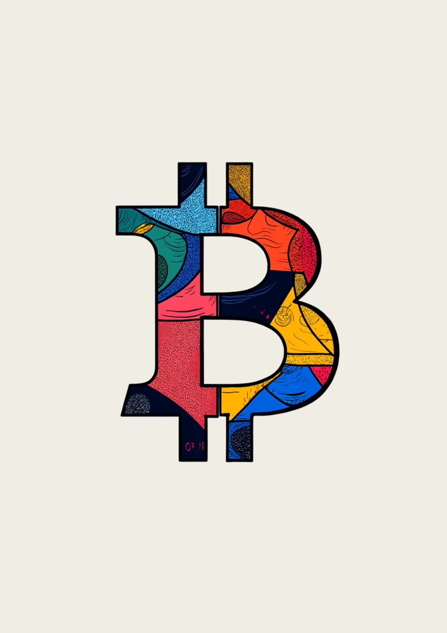 Colorful Bitcoin symbol on a beige background