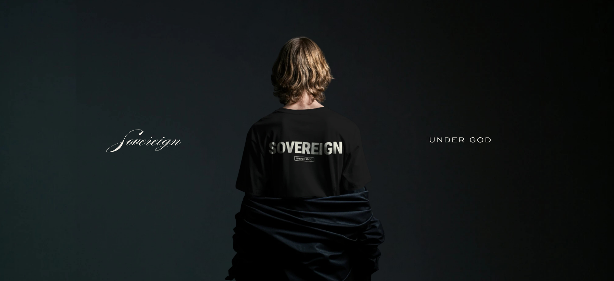 SVRN Society Bitcoin, faith and freedom clothing store homepage image with a man wearing a black t-shirt with 'SOVEREIGN under God' text on the back.
