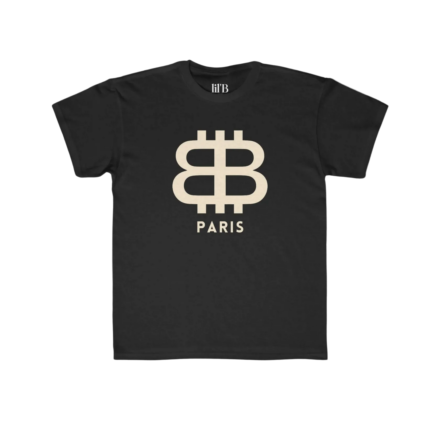 front view of the Bitcoin Paris Kids Tee in black by lil'B