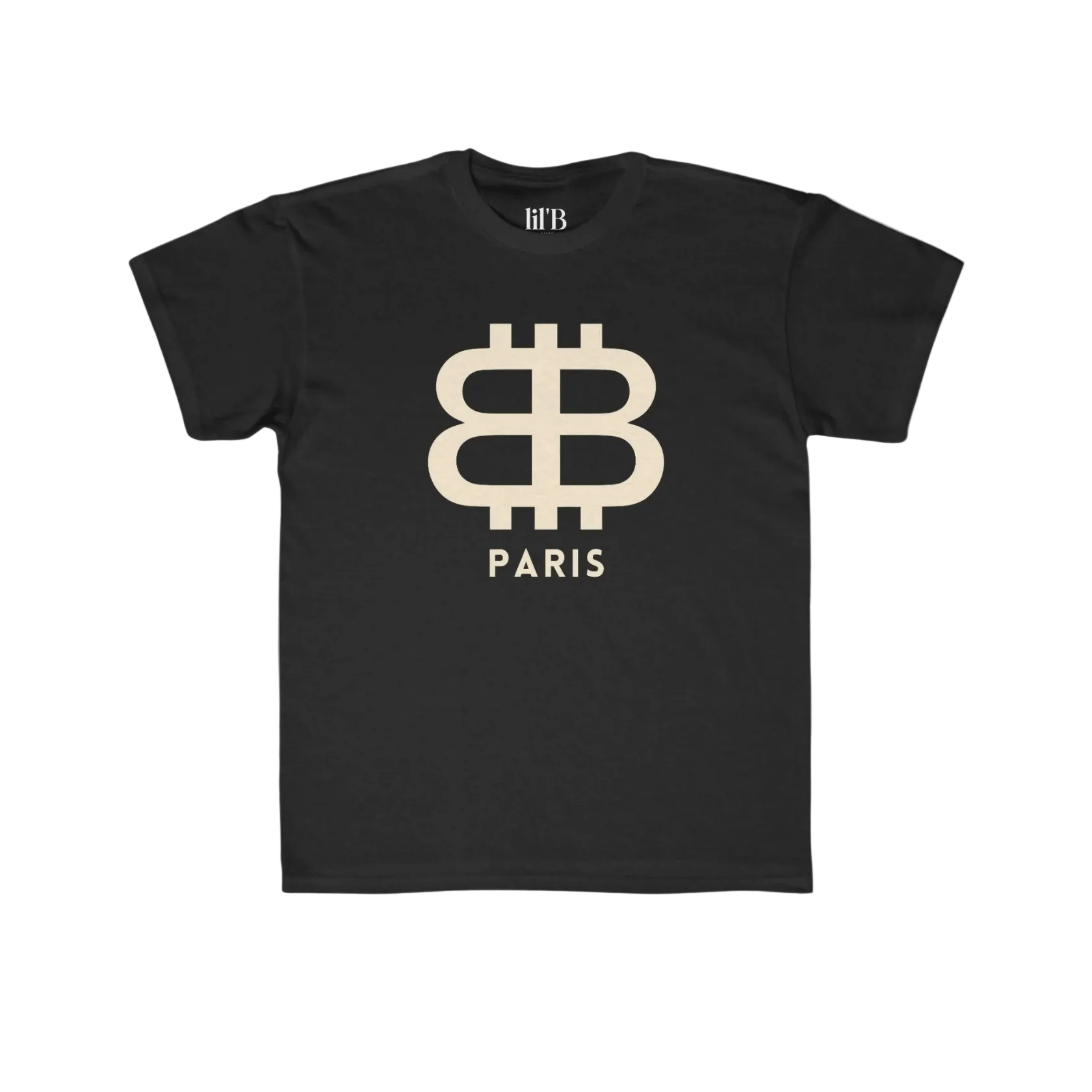 front view of the Bitcoin Paris Kids Tee in black by lil'B