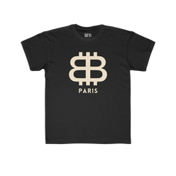 front view of the Bitcoin Paris Kids Tee in black by lil'B