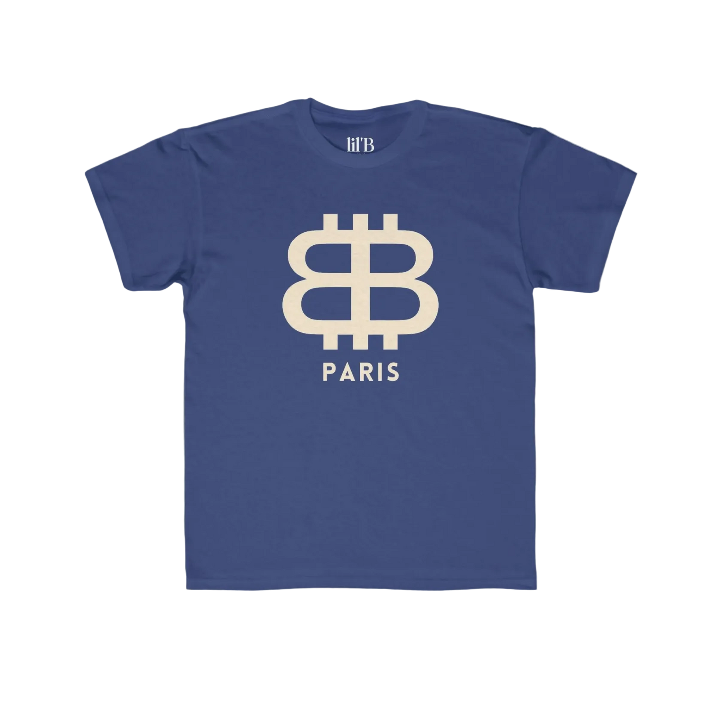 front view of the Bitcoin Paris Kids Tee in royal blue by lil'B