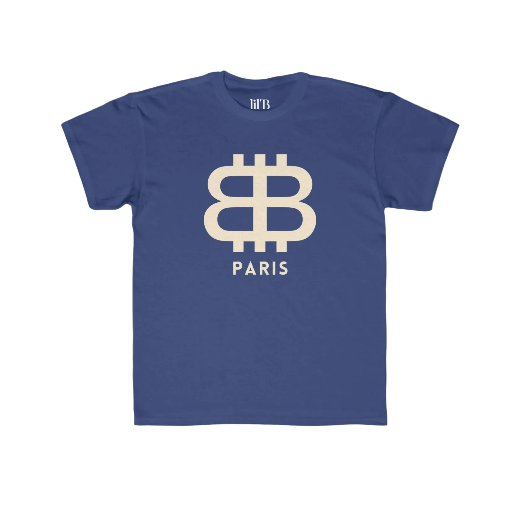 front view of the Bitcoin Paris Kids Tee in royal blue by lil'B