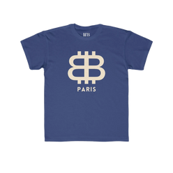 front view of the Bitcoin Paris Kids Tee in royal blue by lil'B