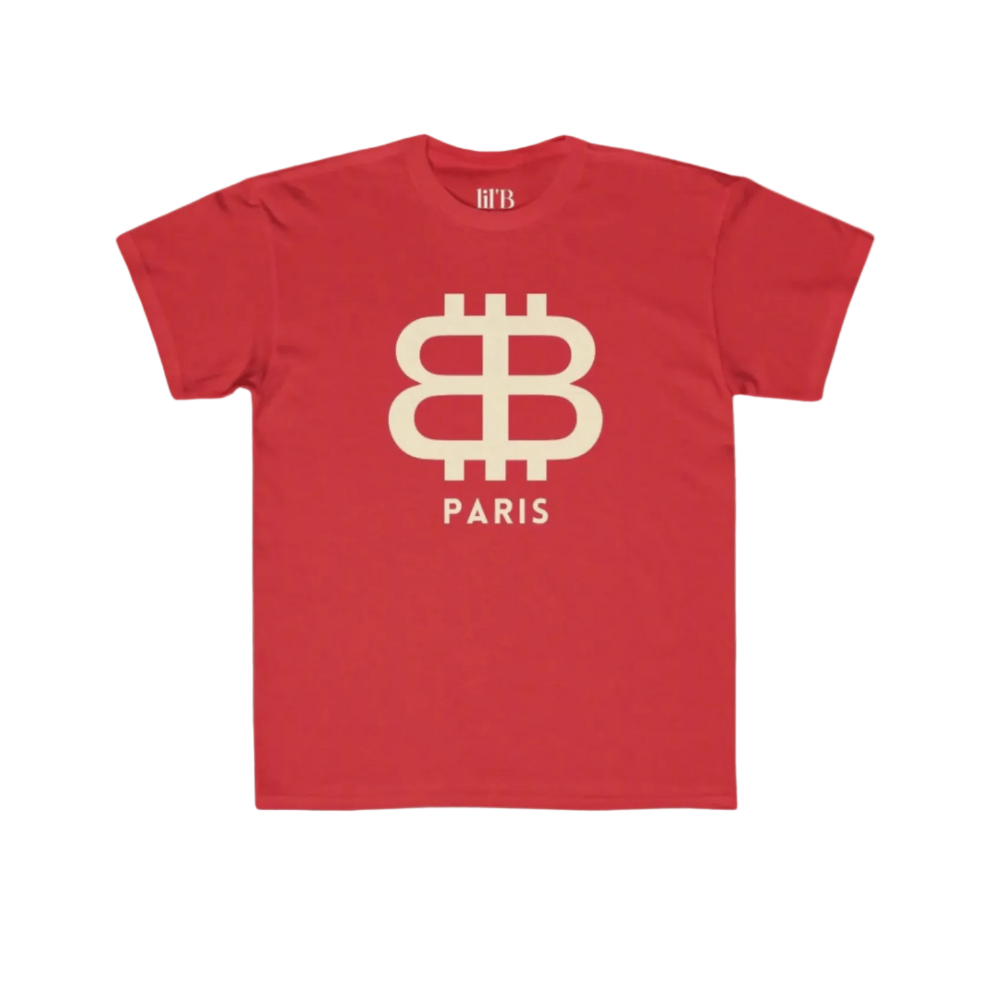 front view of the Bitcoin Paris red Kids Tee by lil'B