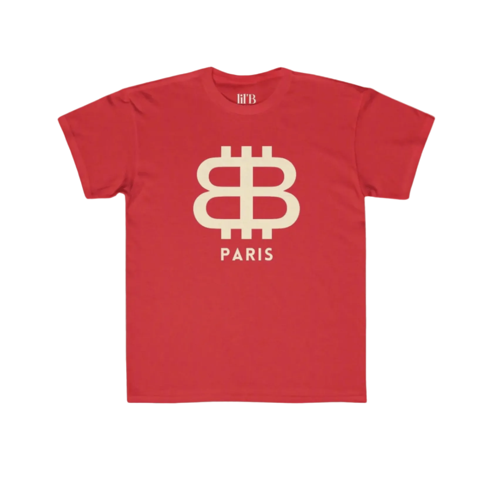 front view of the Bitcoin Paris red Kids Tee by lil'B