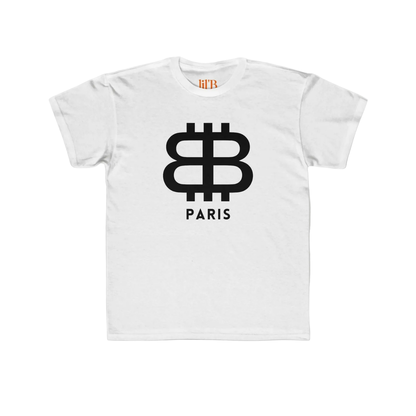 front view of the Bitcoin Paris Kids Tee in white by lil'B