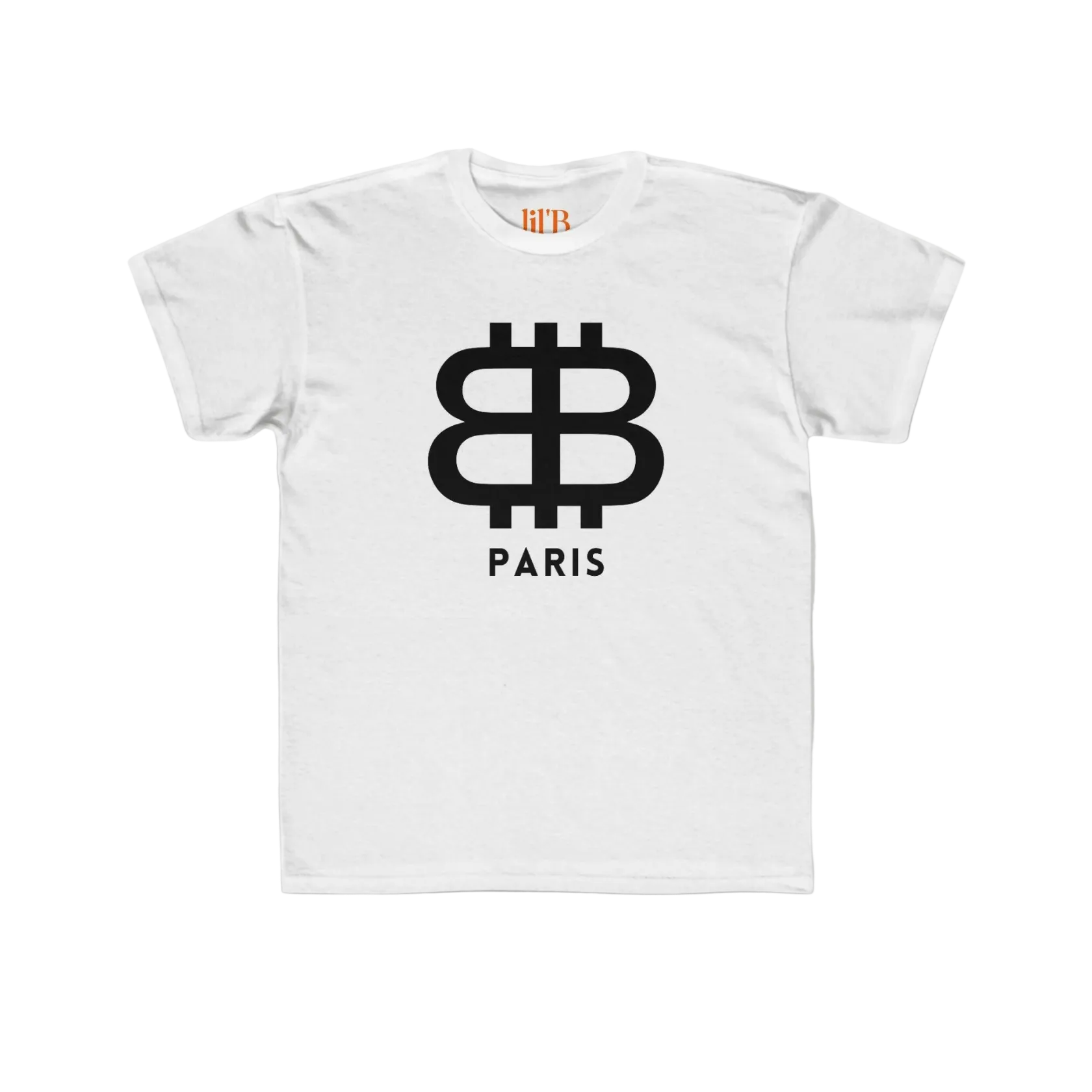 front view of the Bitcoin Paris Kids Tee in white by lil'B