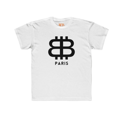 front view of the Bitcoin Paris Kids Tee in white by lil'B