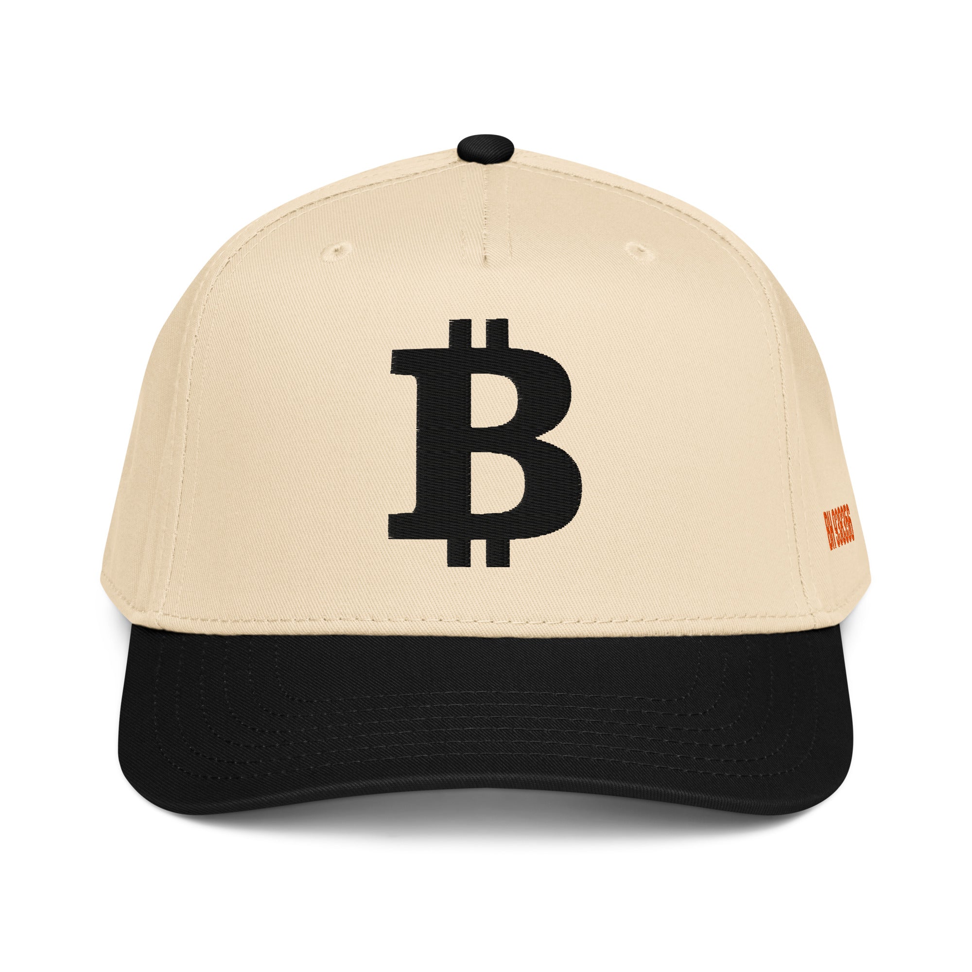 Black Bitcoin b on natural colored hat with bitcoin block height in orange on the side 