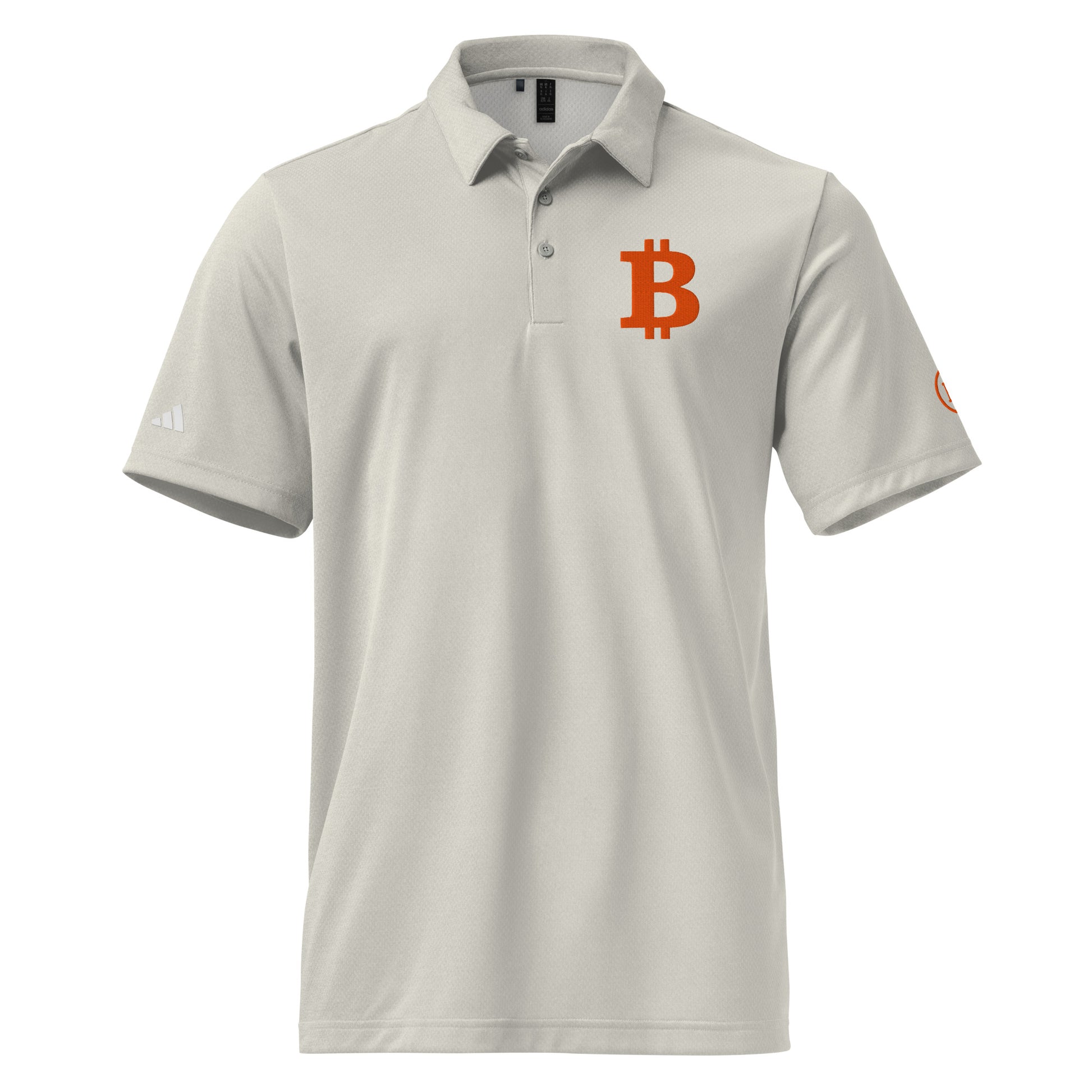 White Bitcoin 'B' polo shirt with a logo on a white background