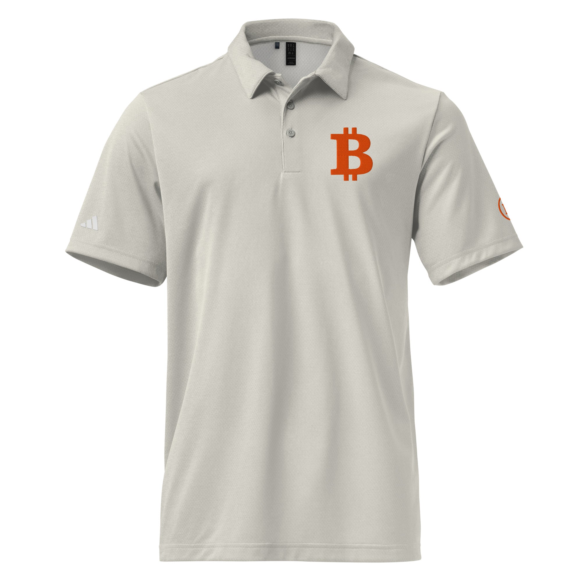 White Bitcoin 'B' polo shirt with a logo on a white background