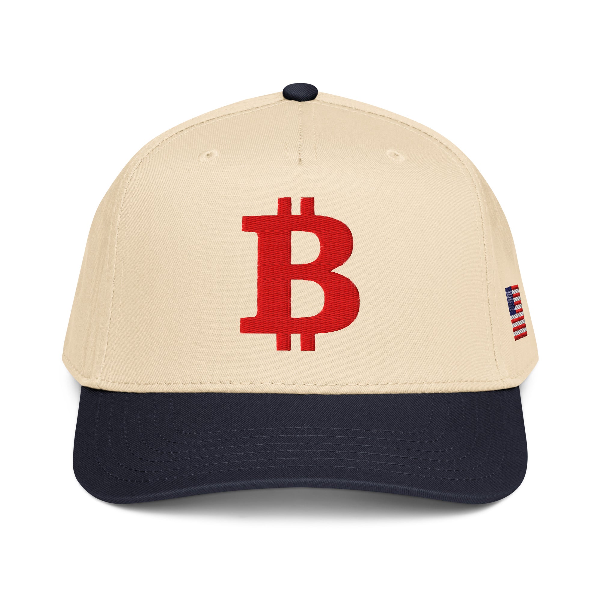 Patriotic Bitcoin logo hat with red bitcoin b and usa flag on the side