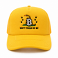 A yellow bitcoin trucker-style baseball cap featuring an embroidered Gadsden flag design with a coiled snake, stars, and the text 'DON'T TREAD ON ME' on the front panel.