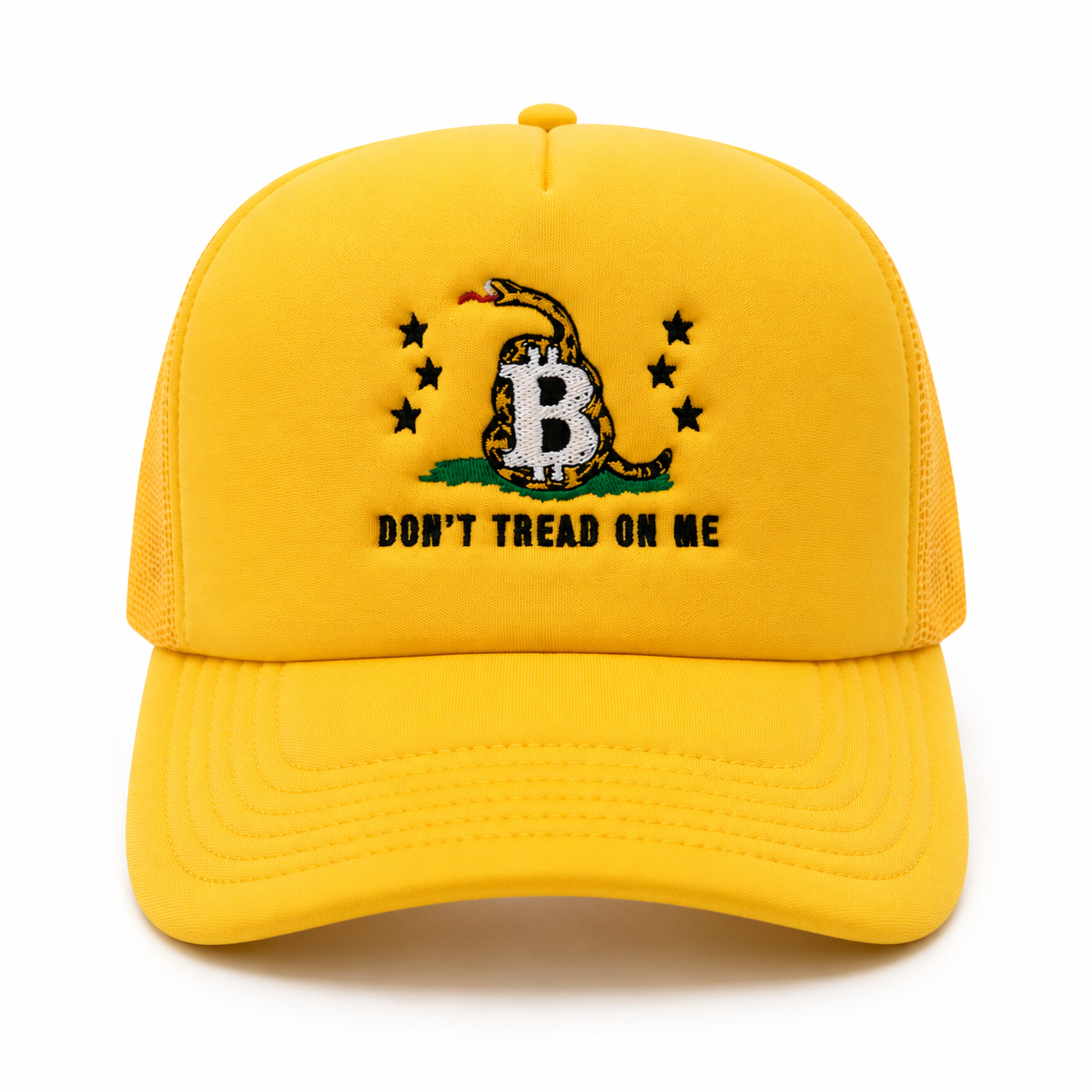 A yellow bitcoin trucker-style baseball cap featuring an embroidered Gadsden flag design with a coiled snake, stars, and the text 'DON'T TREAD ON ME' on the front panel.