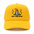 A yellow bitcoin trucker-style baseball cap featuring an embroidered Gadsden flag design with a coiled snake, stars, and the text &
