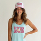 woman wearing the bitcoin empowers outfit tank and hat from SVRN Society