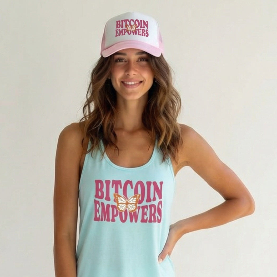 woman wearing the bitcoin empowers outfit tank and hat from SVRN Society