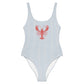 A women's Bitcoin one-piece swimsuit with thin vertical blue and white pinstripes and a red lobster graphic on the chest, shown against a plain white background.