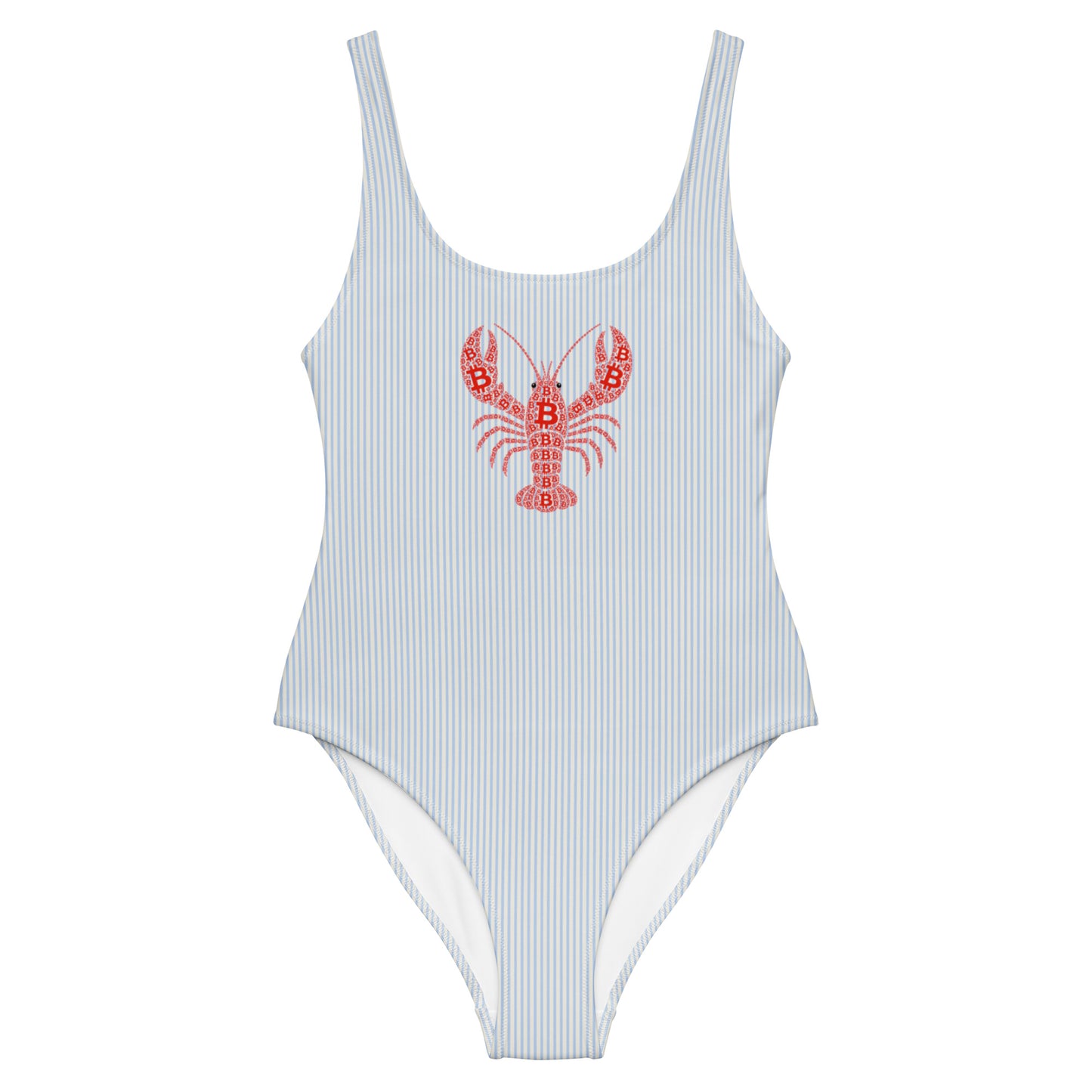 A women's Bitcoin one-piece swimsuit with thin vertical blue and white pinstripes and a red lobster graphic on the chest, shown against a plain white background.