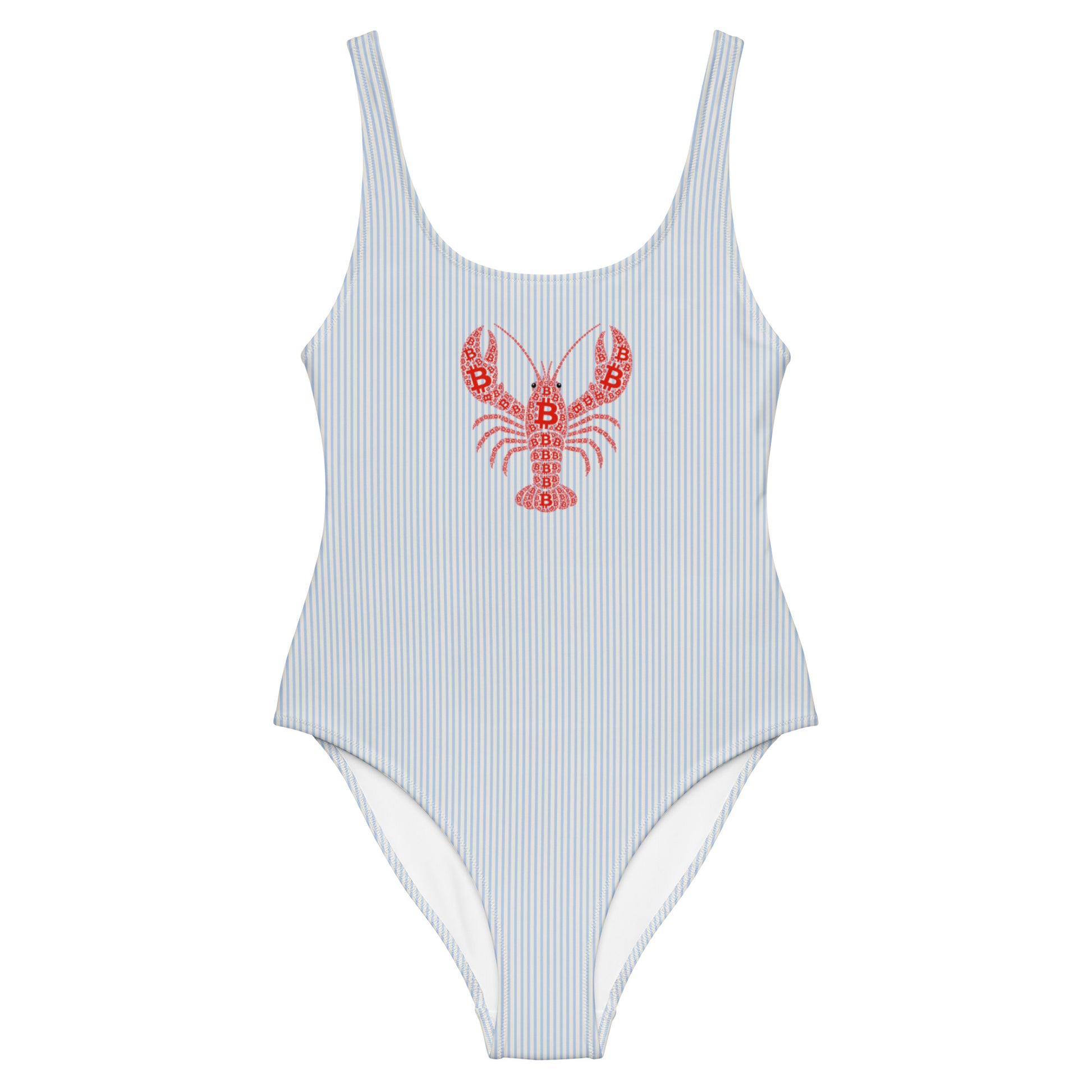 A women's Bitcoin one-piece swimsuit with thin vertical blue and white pinstripes and a red lobster graphic on the chest, shown against a plain white background.