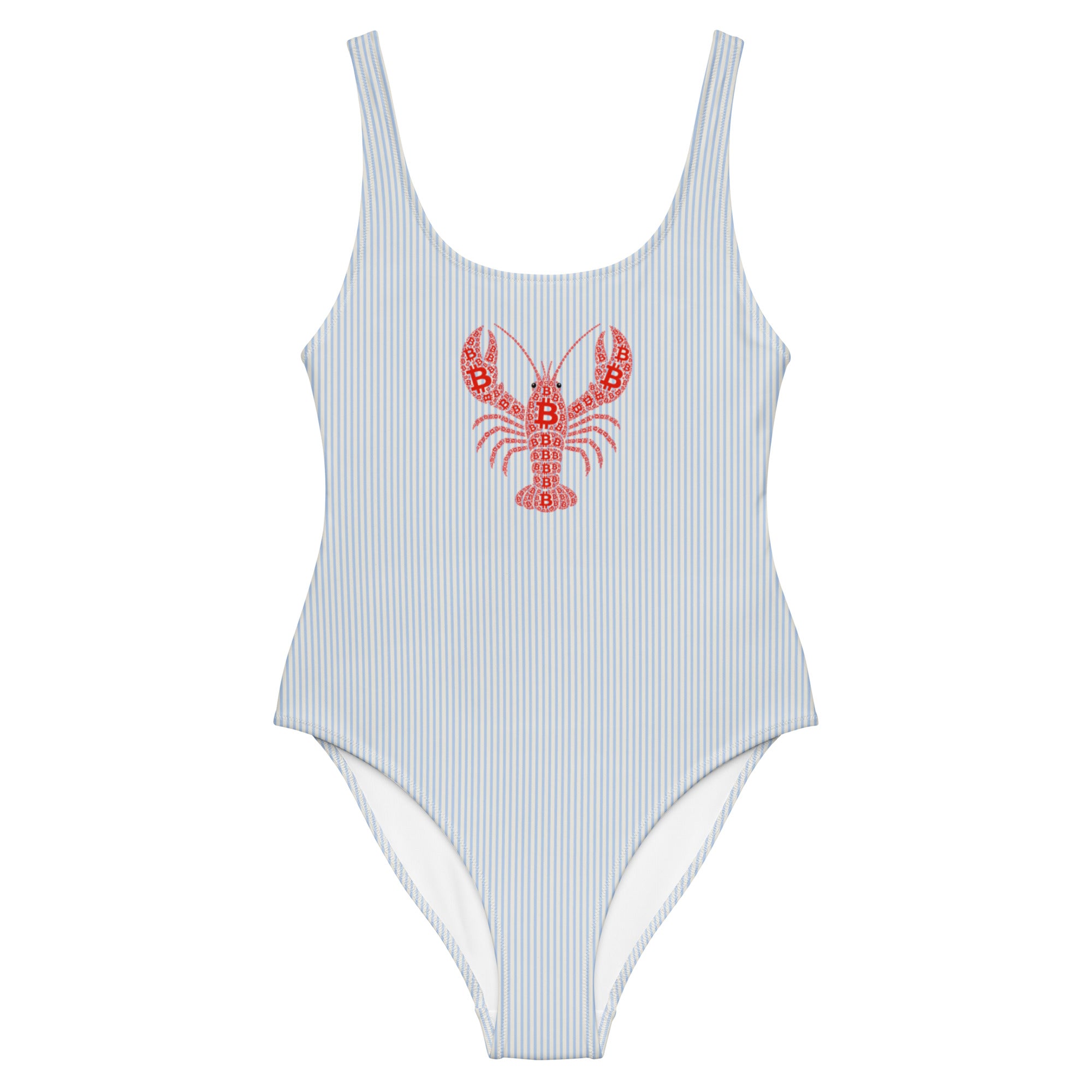 A women's Bitcoin one-piece swimsuit with thin vertical blue and white pinstripes and a red lobster graphic on the chest, shown against a plain white background.