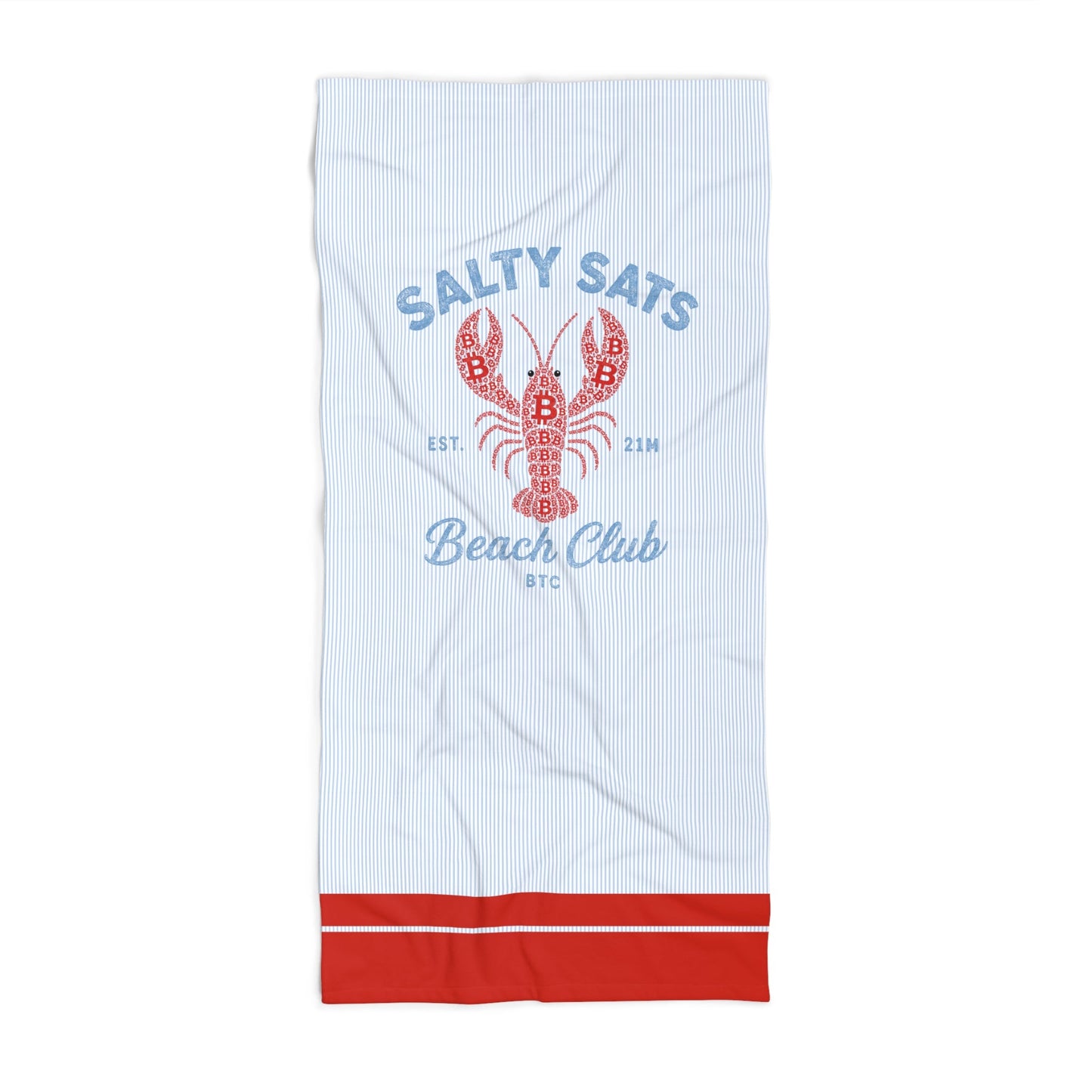 A bitcoin beach towel with a red lobster graphic and blue 'Salty Sats' and 'Beach Club' text, finished with a red stripe at the edge, shown flat against a white background.
