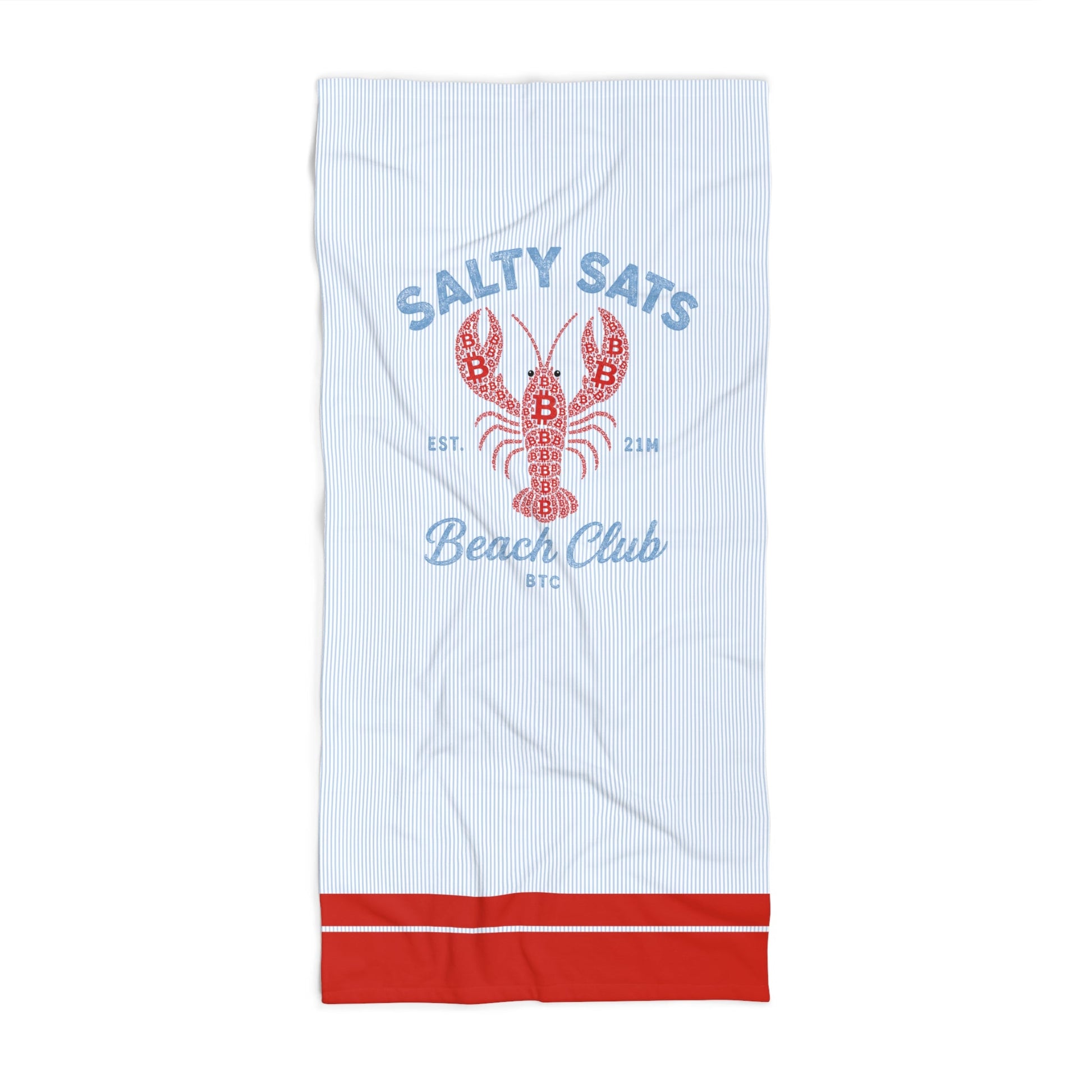 A bitcoin beach towel with a red lobster graphic and blue 'Salty Sats' and 'Beach Club' text, finished with a red stripe at the edge, shown flat against a white background.