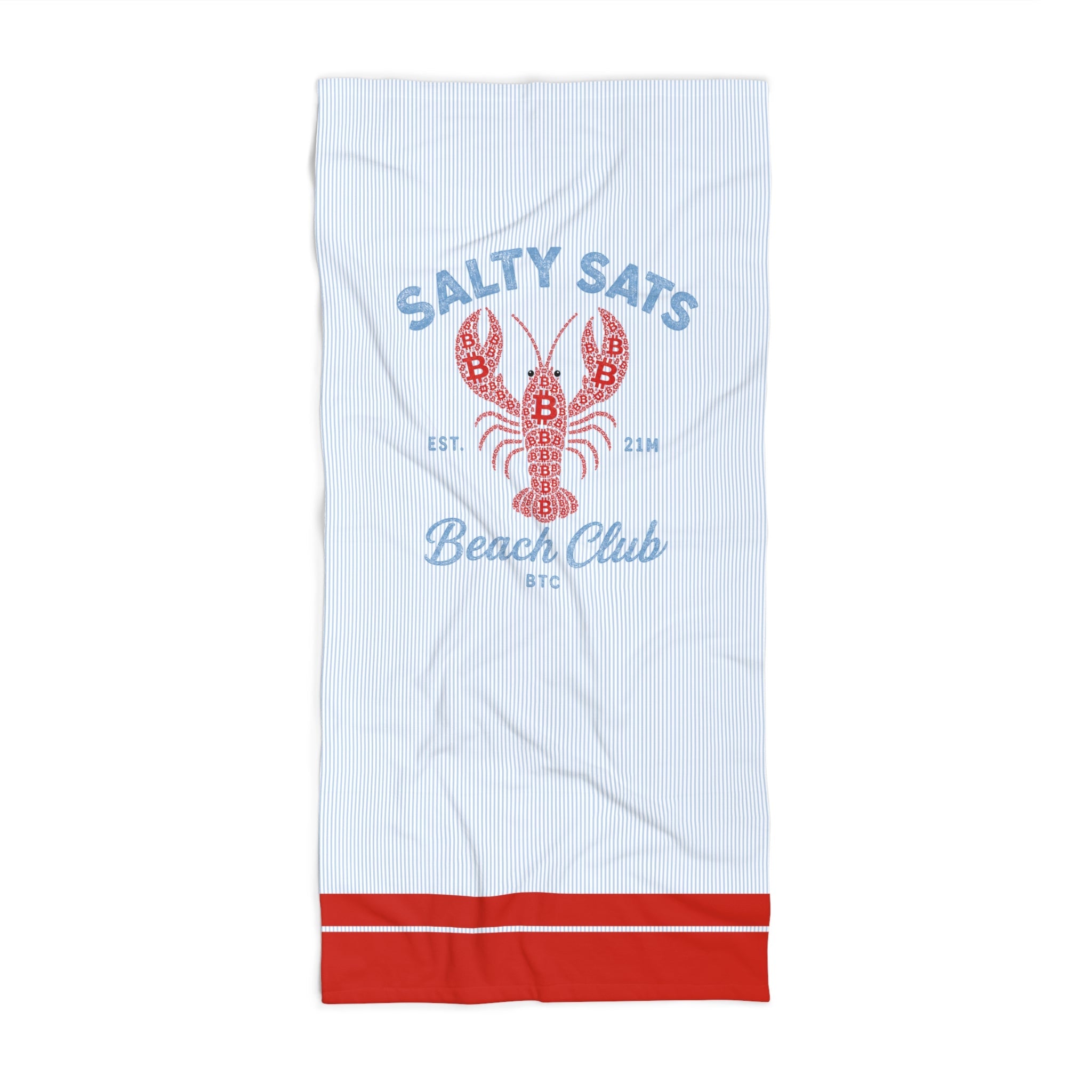 A bitcoin beach towel with a red lobster graphic and blue 'Salty Sats' and 'Beach Club' text, finished with a red stripe at the edge, shown flat against a white background.